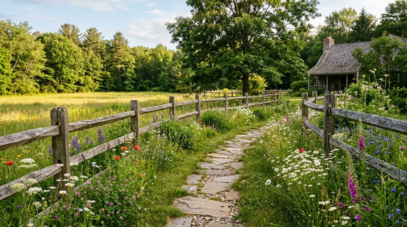 Rustic Split-Rail Fence With Wildflowers